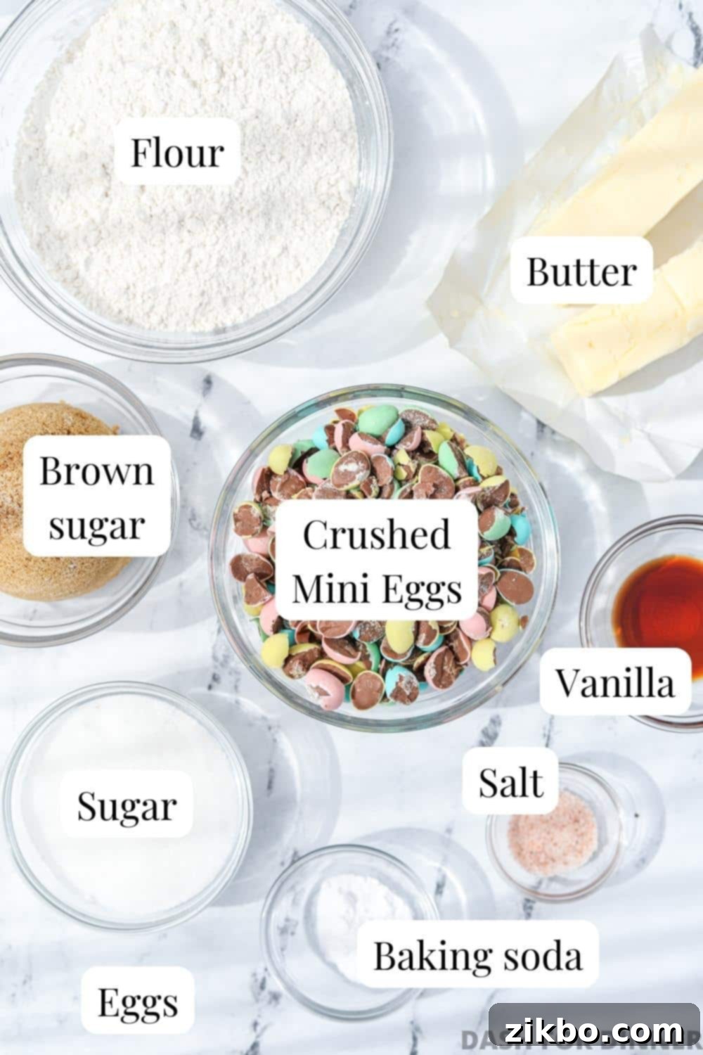 The ingredients needed to make Easter egg Cookies: Flour, butter, brown sugar, etc.