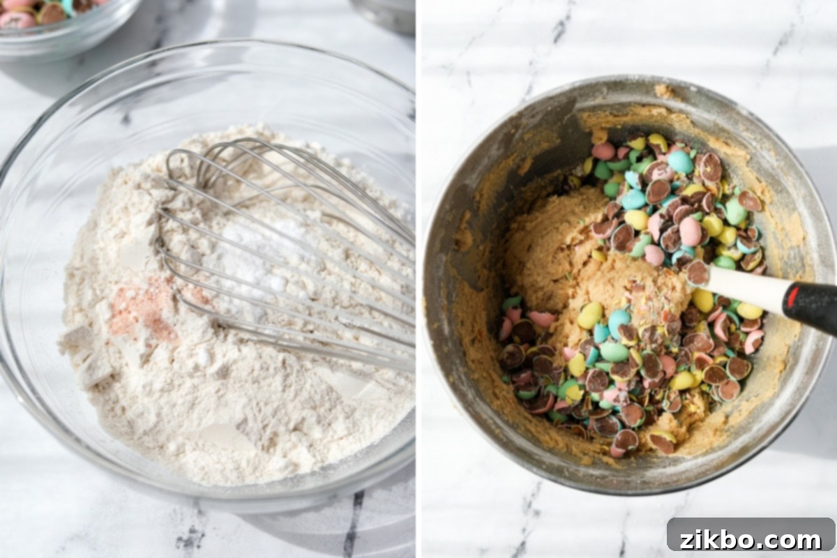 Adding crushed mini eggs to a cookie dough base.