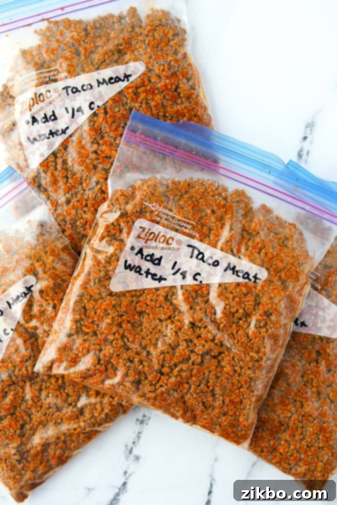 A stack of neatly filled freezer bags with prepped taco meat, organized for efficient storage.