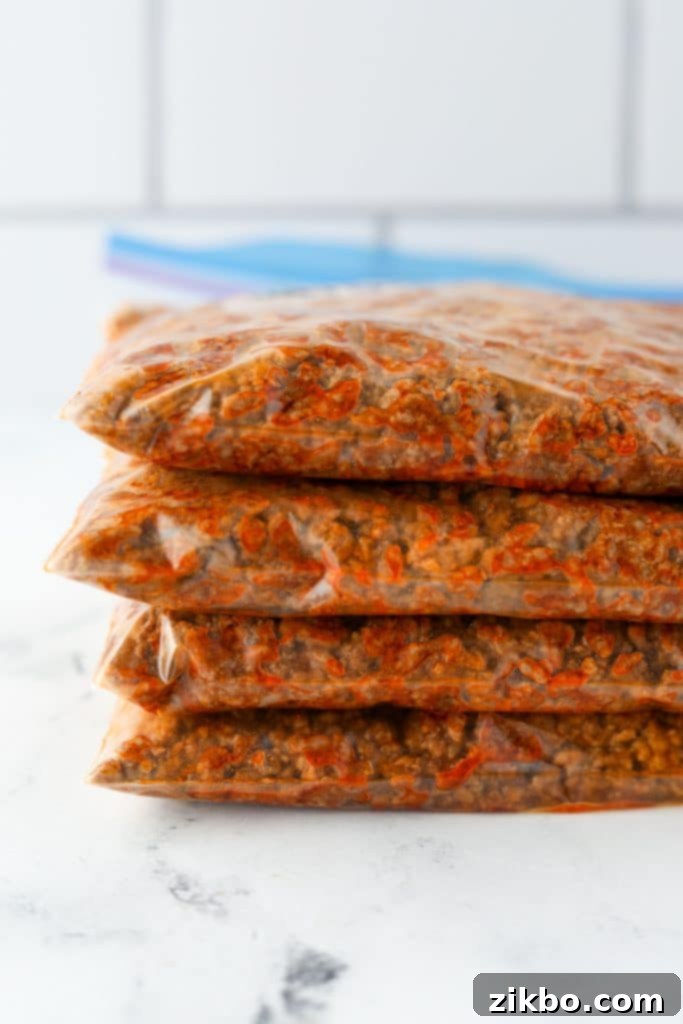 A stack of freezer bags filled with seasoned ground beef, flattened for quick freezing and easy storage.