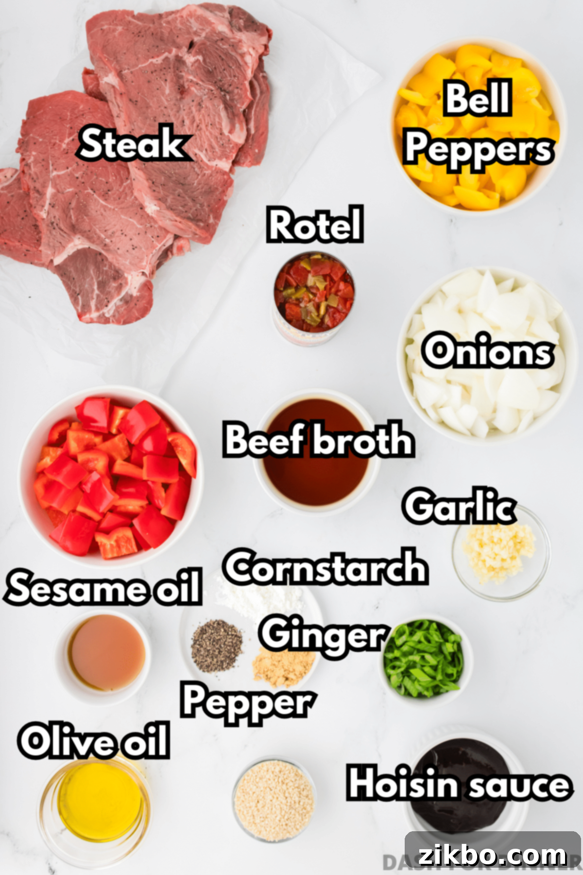 Slow Cooker Pepper Steak 3 The ingredients needed to make pepper steak: beef, hoisin, sesame oil, beef broth, bell peppers, onions, garlic, and spices.