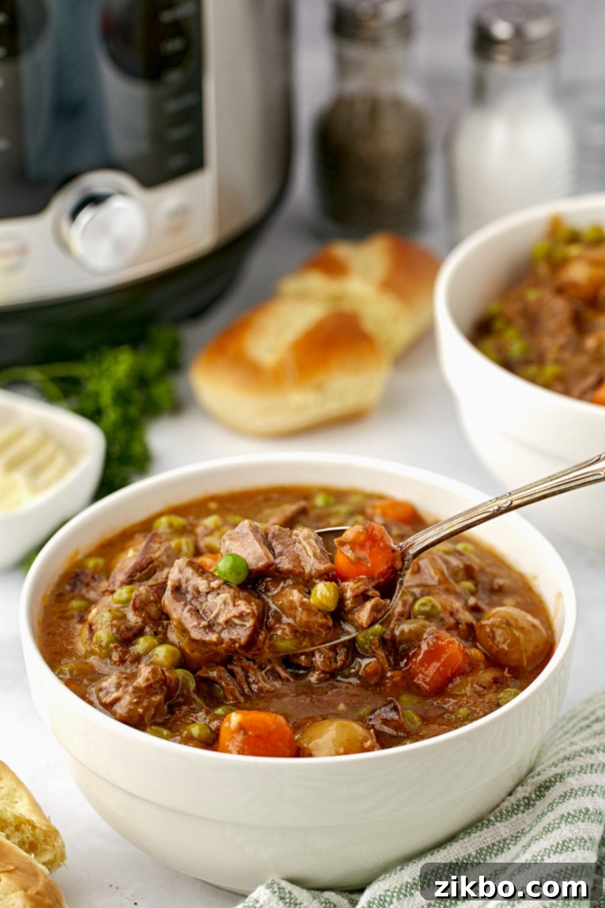 A bowl of beef stew filled with tender vegetables.
