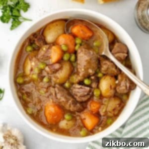 A bowl of beef stew with a spoon inside.