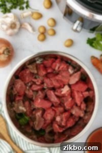 An Instant Pot with beef cubes added to it.
