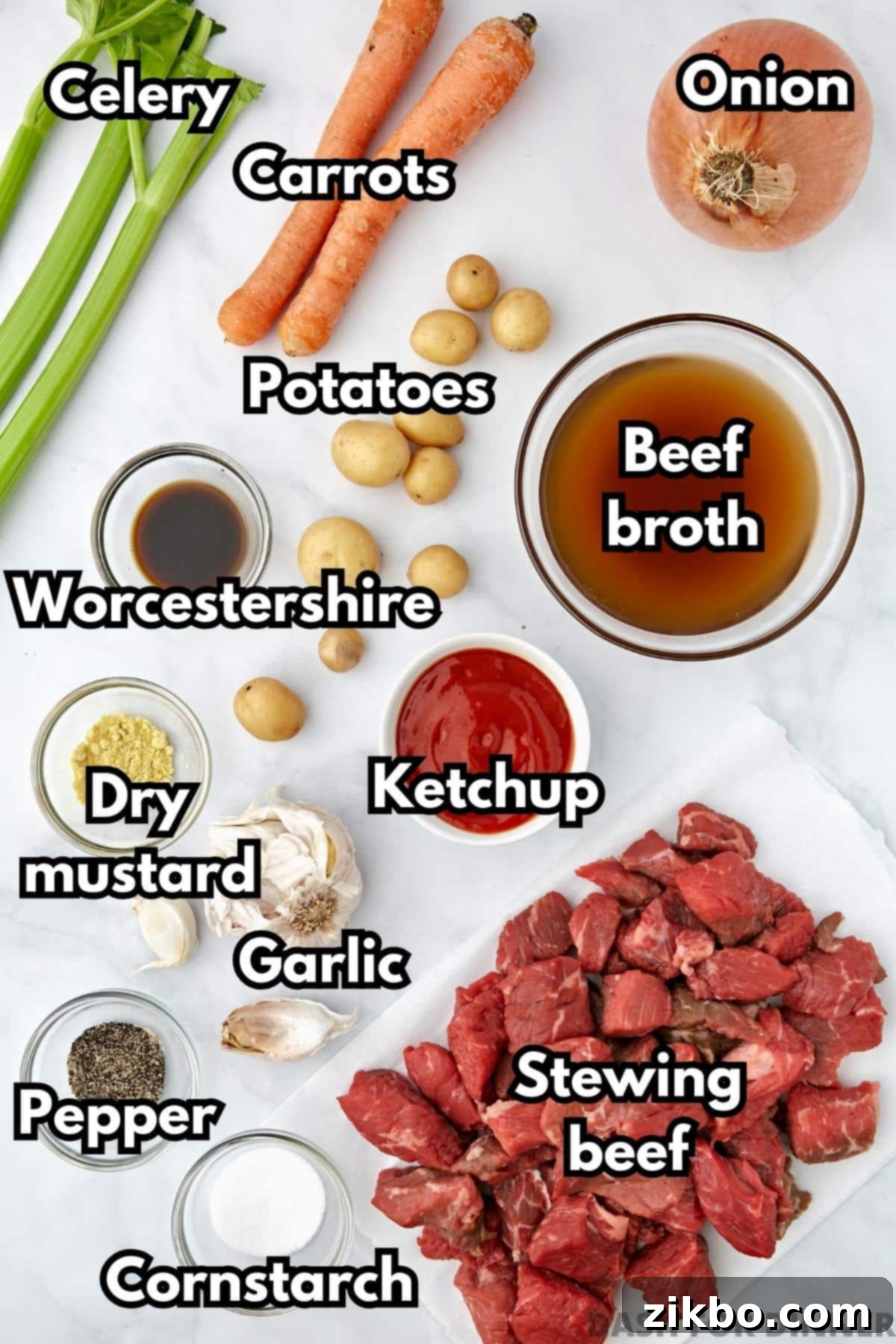 The ingredients needed to make beef stew: beef broth, vegetables, seasonings, cornstarch, beef cubes, etc.