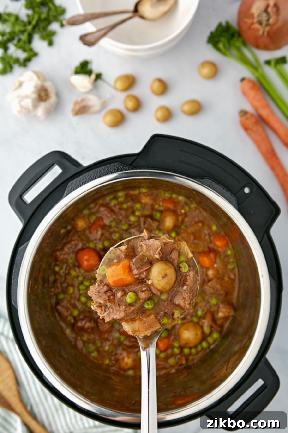 A ladle holding a portion of beef stew over an Instant Pot.
