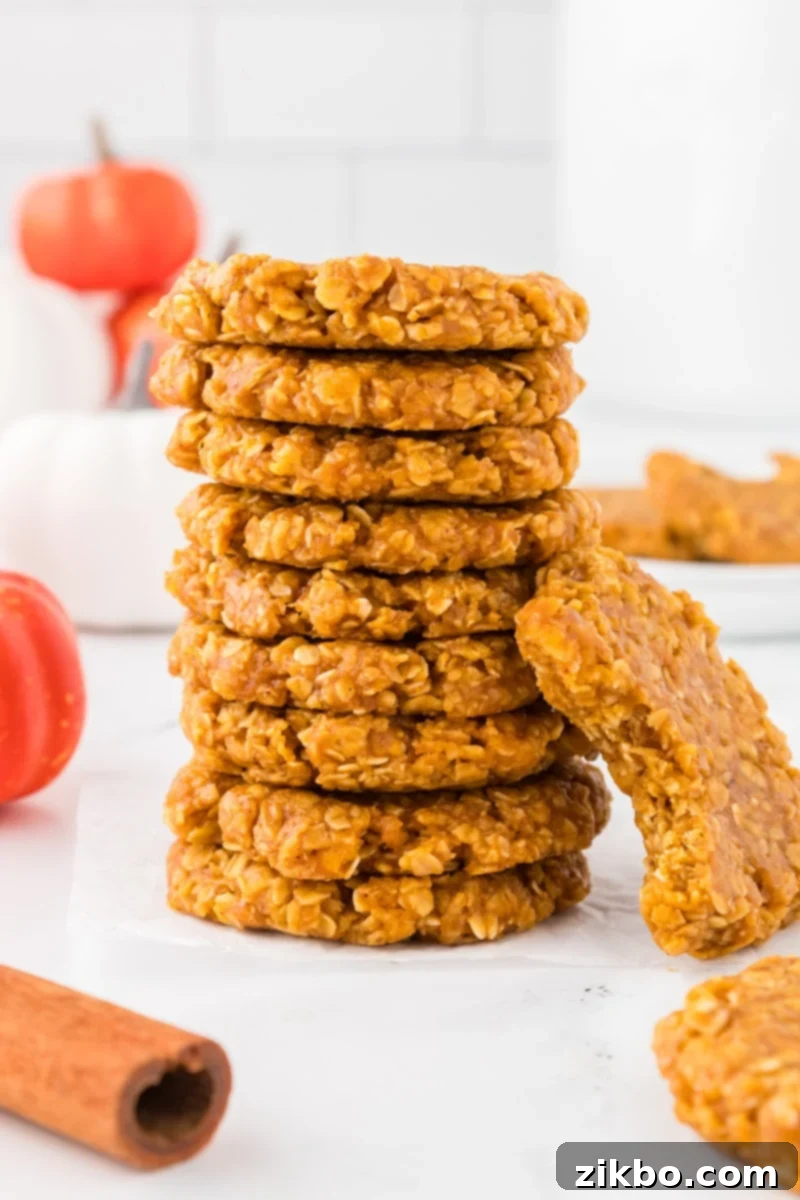 Spiced Pumpkin No-Bake Bites 2 A beautiful stack of pumpkin no-bake cookies, one with a perfect bite taken out, showcasing the warm, spiced interior. These easy pumpkin oatmeal cookies are ideal for fall.