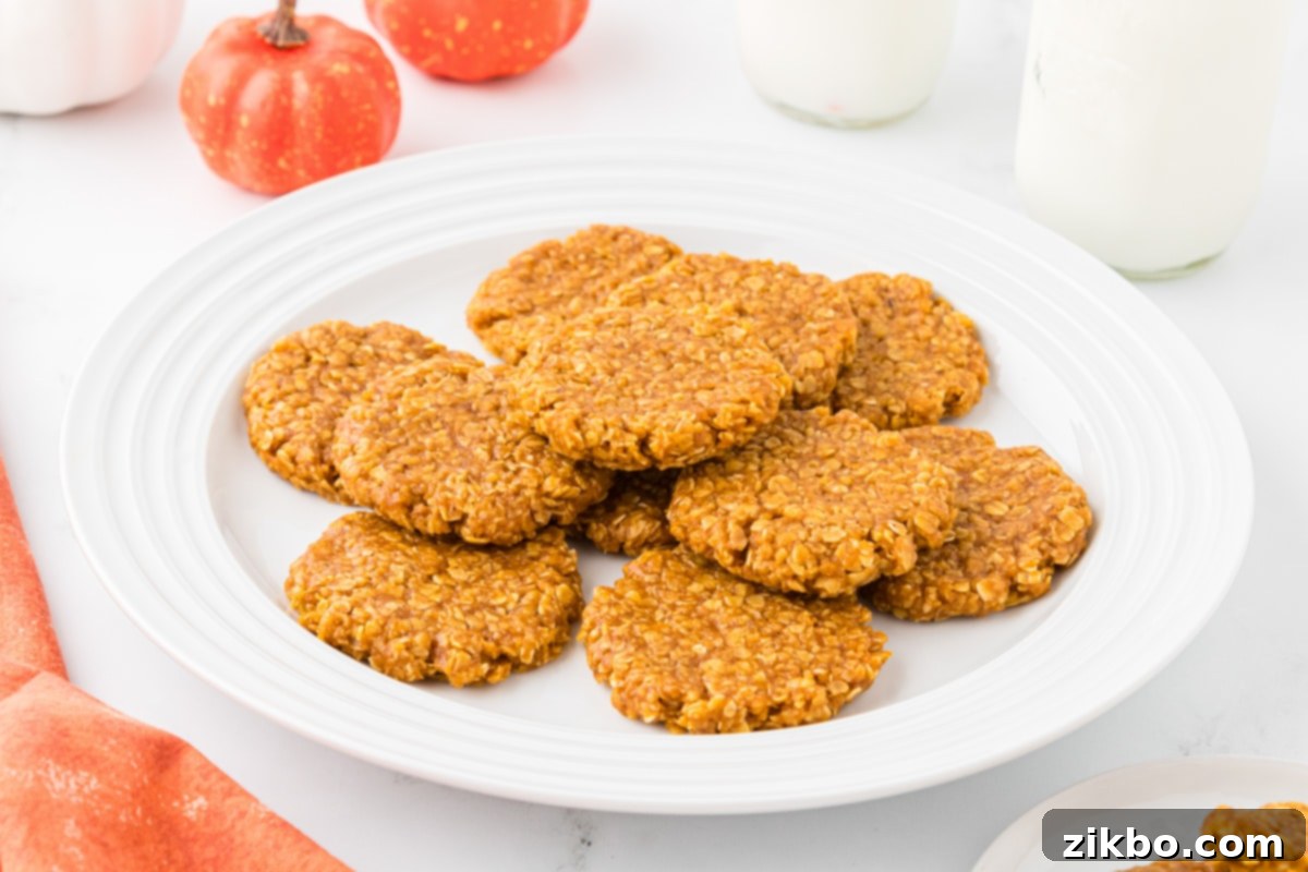 Spiced Pumpkin No-Bake Bites 11 A rustic plate overflowing with perfectly set pumpkin oatmeal cookies, ready to be enjoyed.
