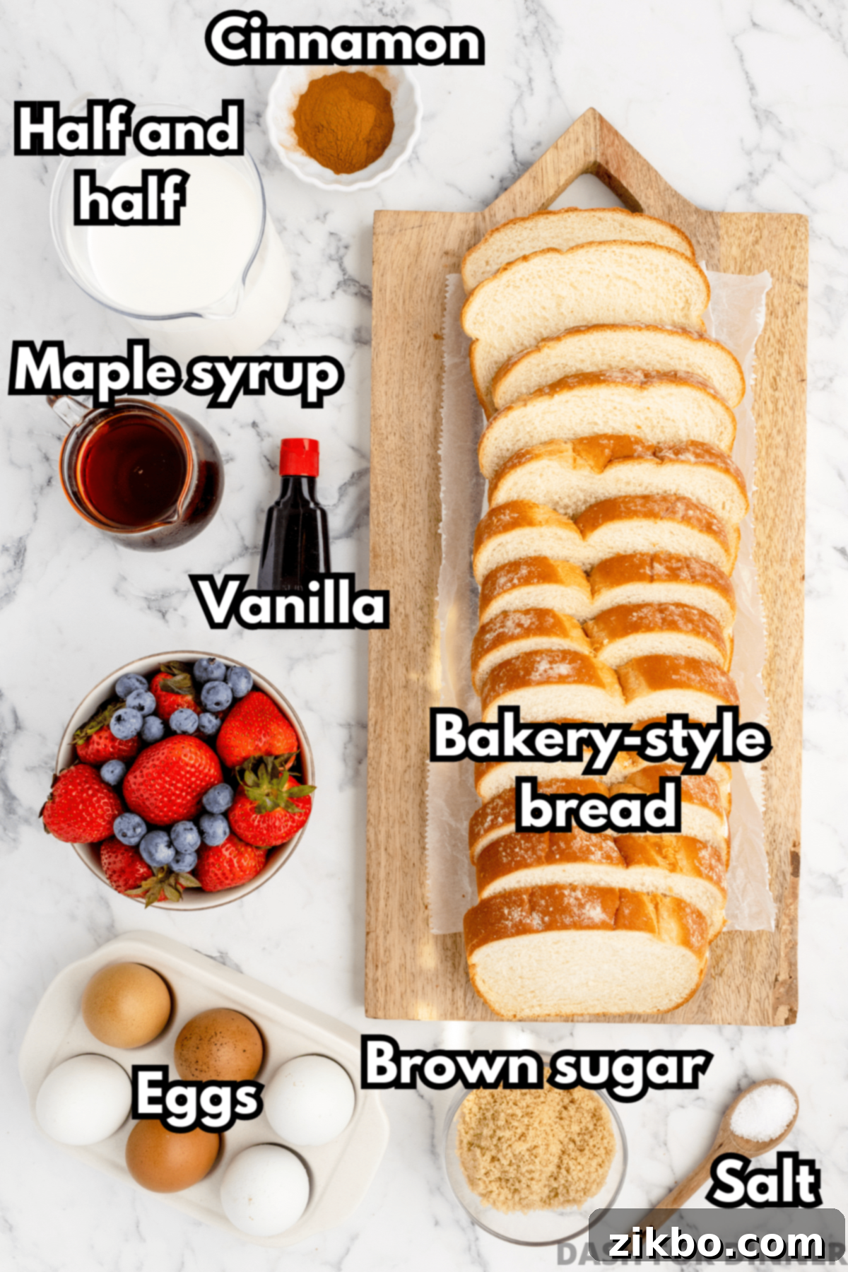 The ingredients laid out for French toast casserole: bread cubes, brown sugar, eggs, half and half, vanilla, and cinnamon.