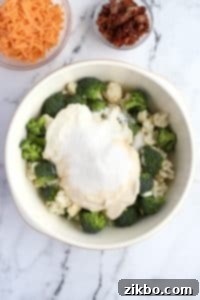 A bowl with cauliflower, broccoli, and a cream dressing piled on top.