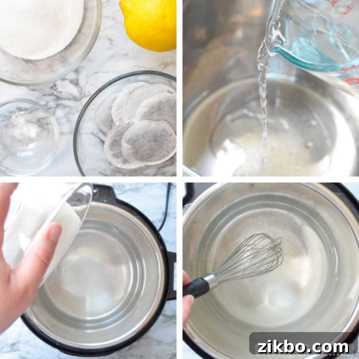 Instant Pot Iced Tea Crystal Clear and Smooth 5 Step-by-step image showing ingredients being added to an Instant Pot for iced tea.