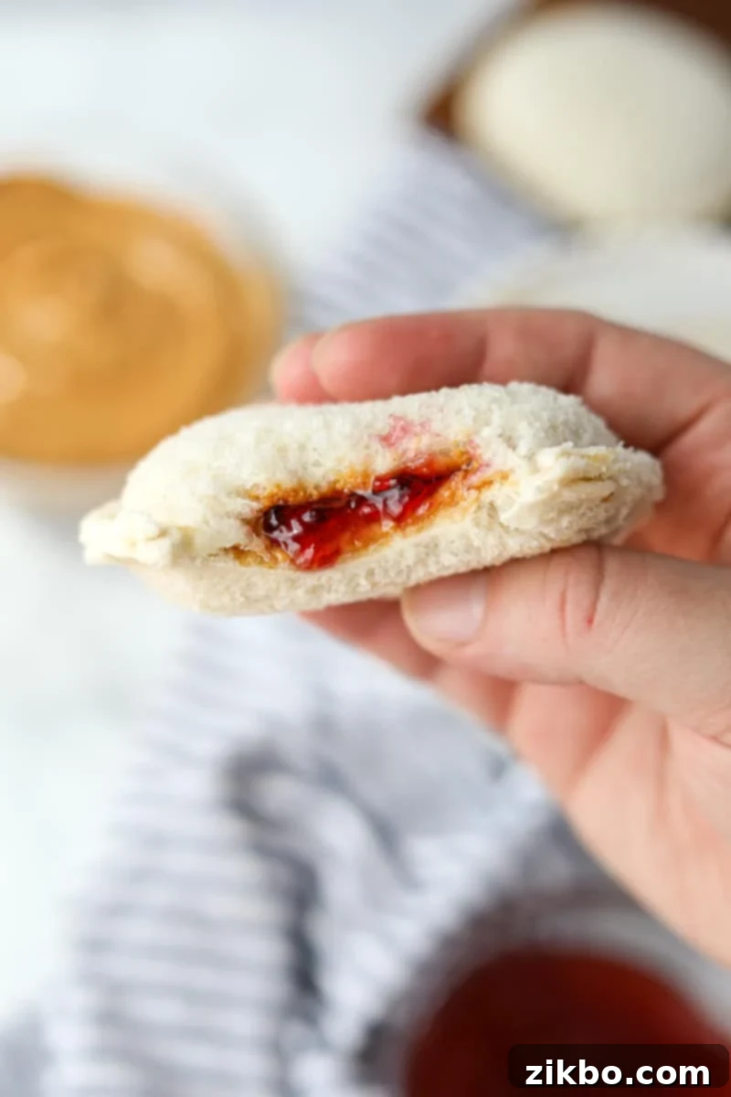 A hand holding a round PB&J sandwich.