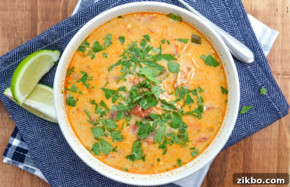 A beautifully presented bowl of creamy chicken tortilla soup, garnished with fresh cilantro, served on blue napkins, ready to eat.