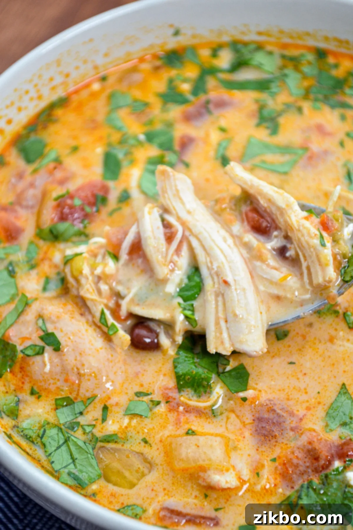 A close-up shot of a spoon lifting a scoop of creamy chicken tortilla soup from a bowl, highlighting the rich texture and ingredients.