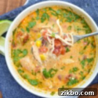 A bowl of creamy chicken tortilla soup, resting on blue napkins.