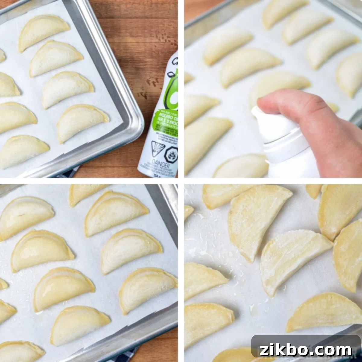 A close-up shot showing how to make pierogies in an air fryer, with frozen pierogies being sprayed with oil on a tray.