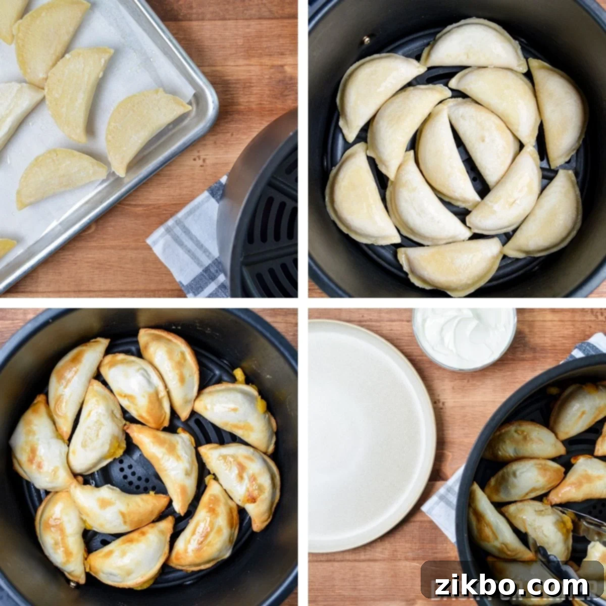 Frozen pierogies perfectly arranged in a single layer inside an air fryer basket, ready for cooking.
