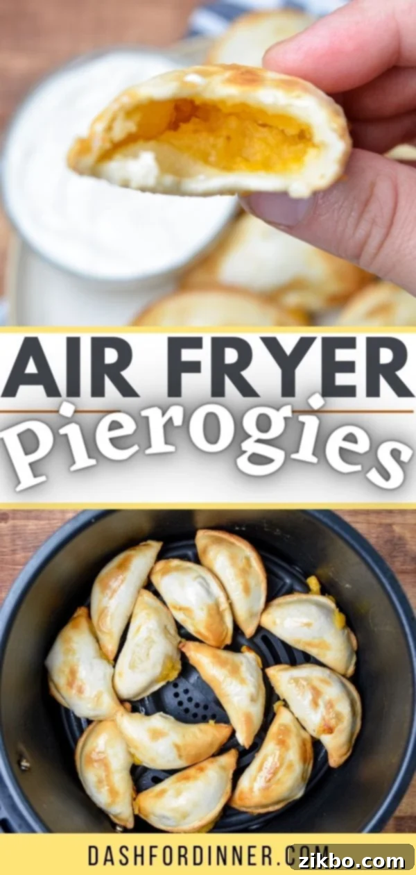 A Pinterest-friendly image of Air Fryer Pierogies, highlighting their crispiness and ease of preparation.