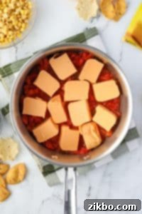 A saucepan with Rotel and Velveeta inside.