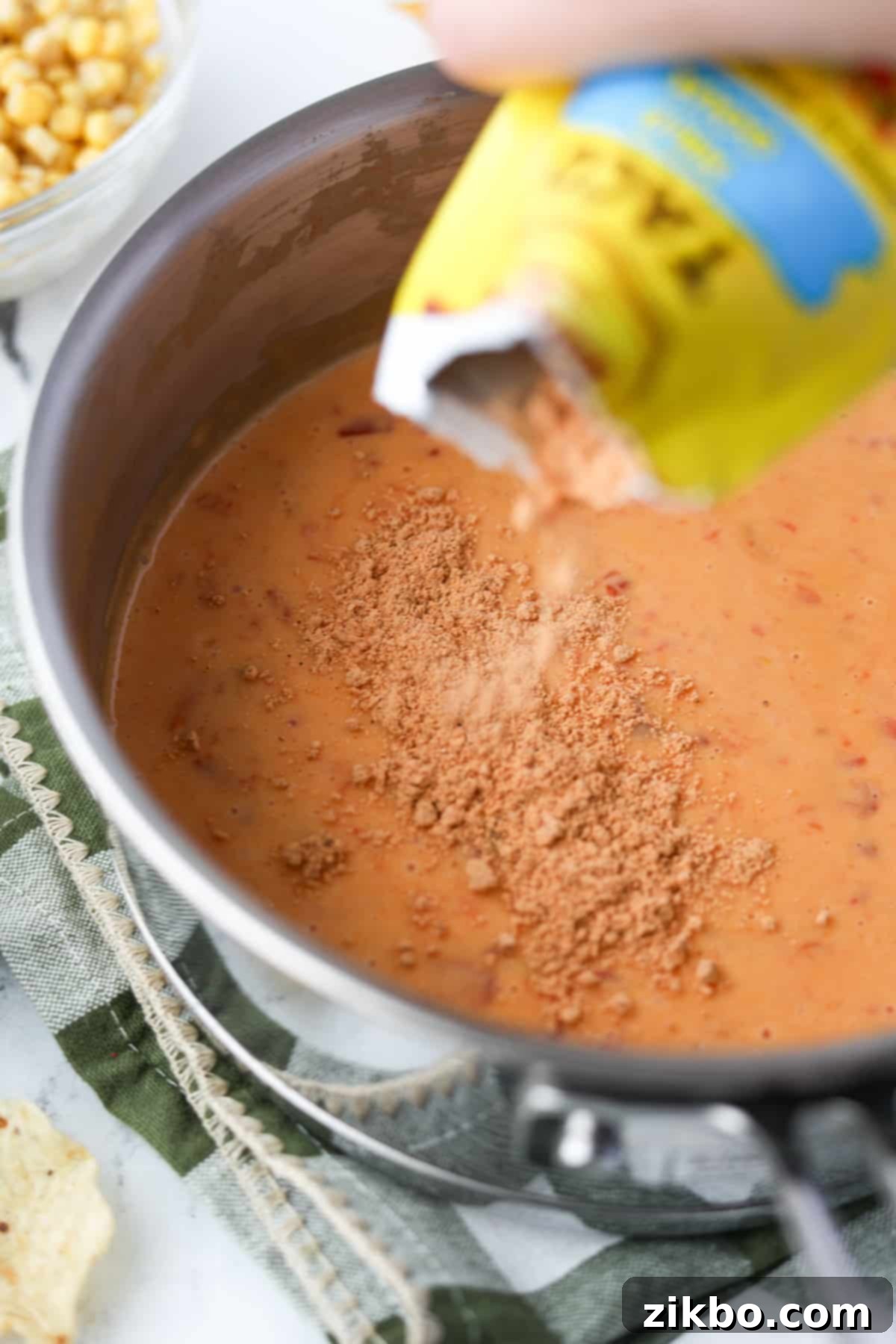 Zesty Southwest Delight 6 Sprinkling taco seasoning powder over the melted Rotel cheese dip.