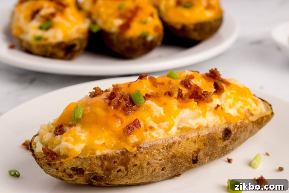 Perfectly Crispy Air Fryer Twice Baked Potatoes 15 A close-up of a single, perfectly stuffed twice-baked potato half, generously topped with crispy bacon and melted cheddar cheese, highlighting its appealing texture and rich colors.