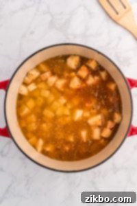 Chicken broth being poured into a pot of potatoes.