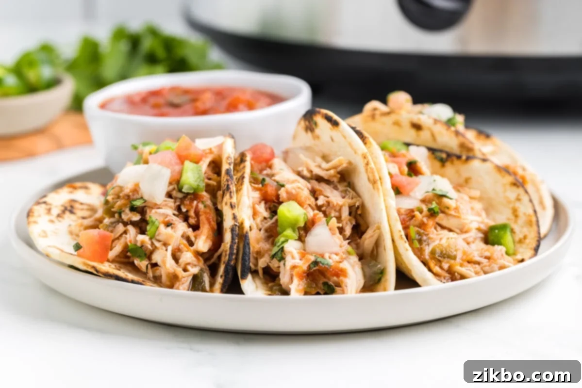 A beautifully presented plate of chicken tacos, with a blurred slow cooker in the background, symbolizing the ease of preparation.