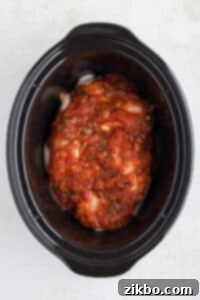 A slow cooker filled with chicken and salsa, ready to be cooked.