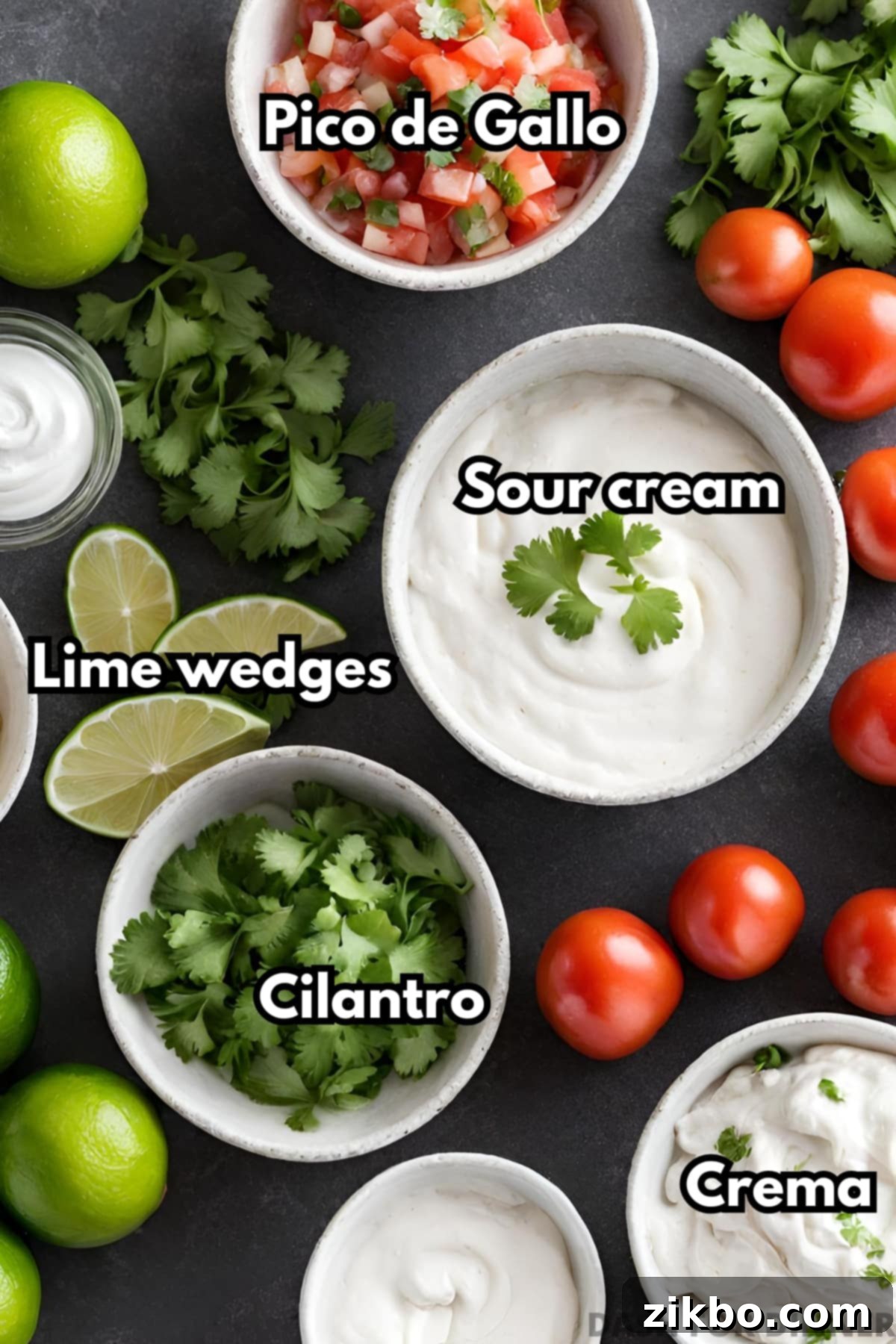 A vibrant selection of taco topping ideas, including fresh cilantro, bright lime wedges, creamy sour cream, chunky pico de gallo, rich crema, and diced fresh tomatoes.
