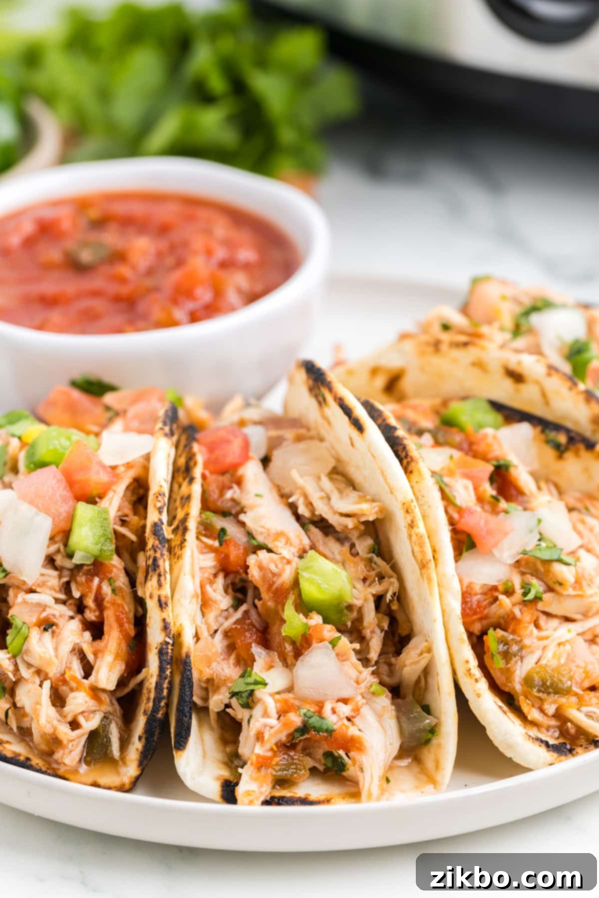 A rustic plate featuring small, appetizing chicken tacos, perfectly garnished, with a vibrant bowl of salsa blurred in the background.