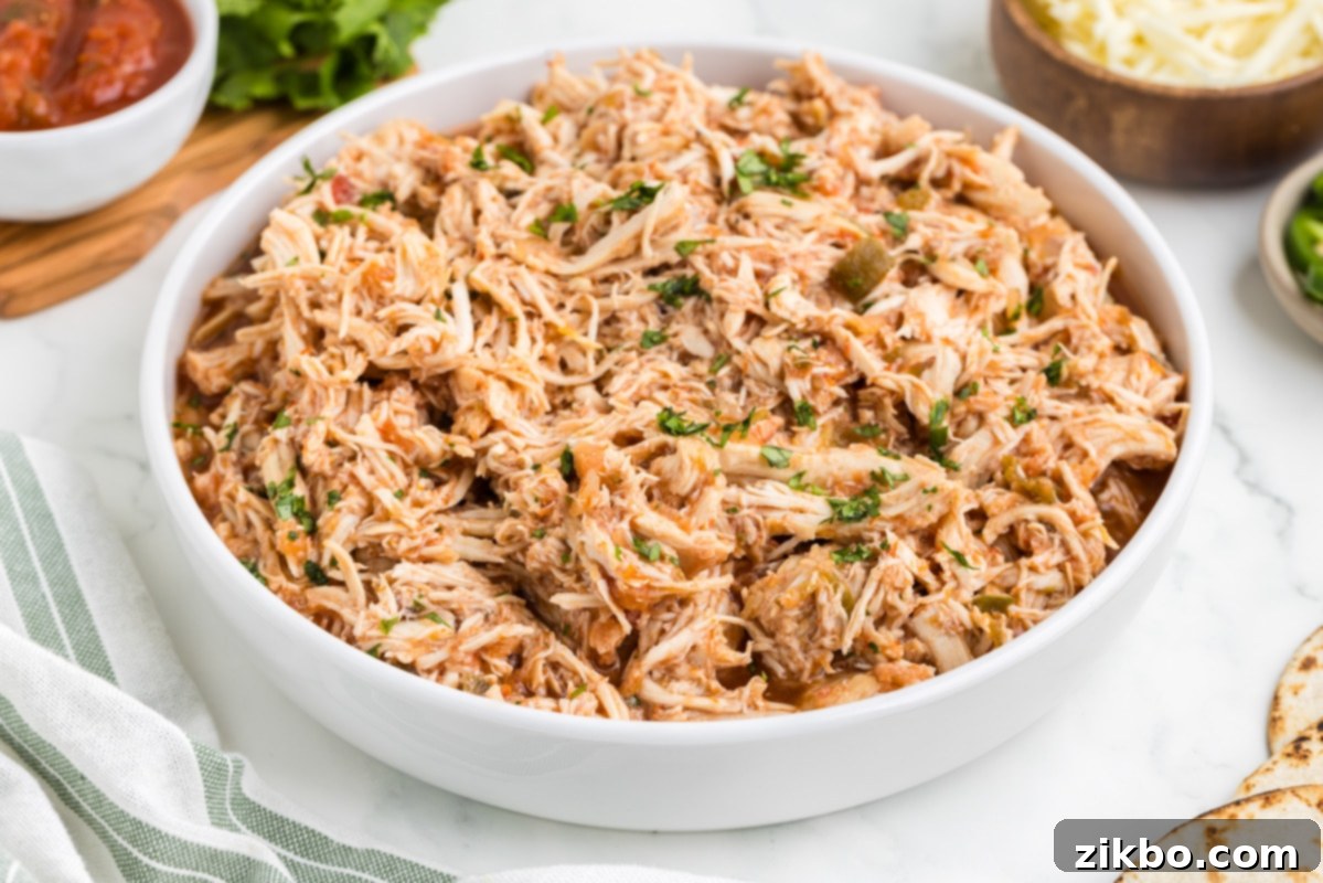 Tender Slow Cooker Salsa Chicken 14 A clean white bowl generously filled with perfectly shredded and cooked salsa chicken.