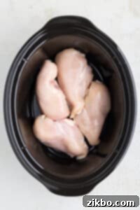A black slow cooker filled with chicken breasts.