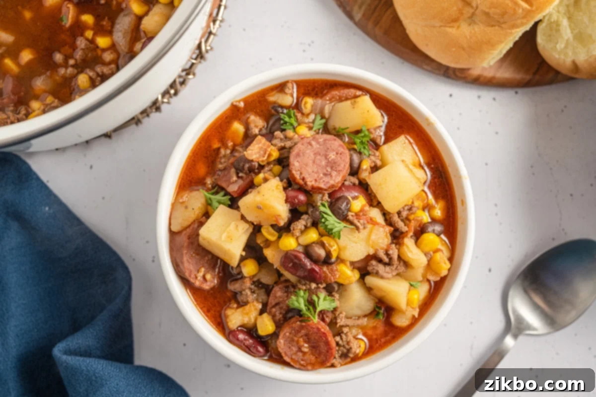 An overhead view of a bowl of cowboy stew, garnished with parsley.