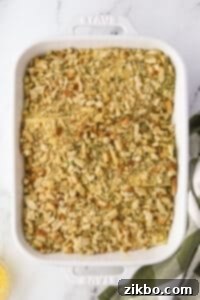 A baking dish casserole topped with stuffing mix.