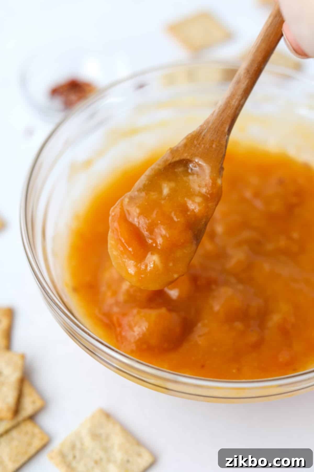 Spicy Southern Jezebel Dip 7 Step 4: Chilled Jezebel sauce in a bowl, ready to be poured over cream cheese