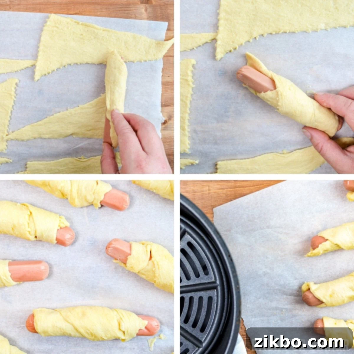Crispy Air Fryer Pigs in a Blanket 6 Close-up view of a hot dog being wrapped in crescent roll dough for Pigs in a Blanket.