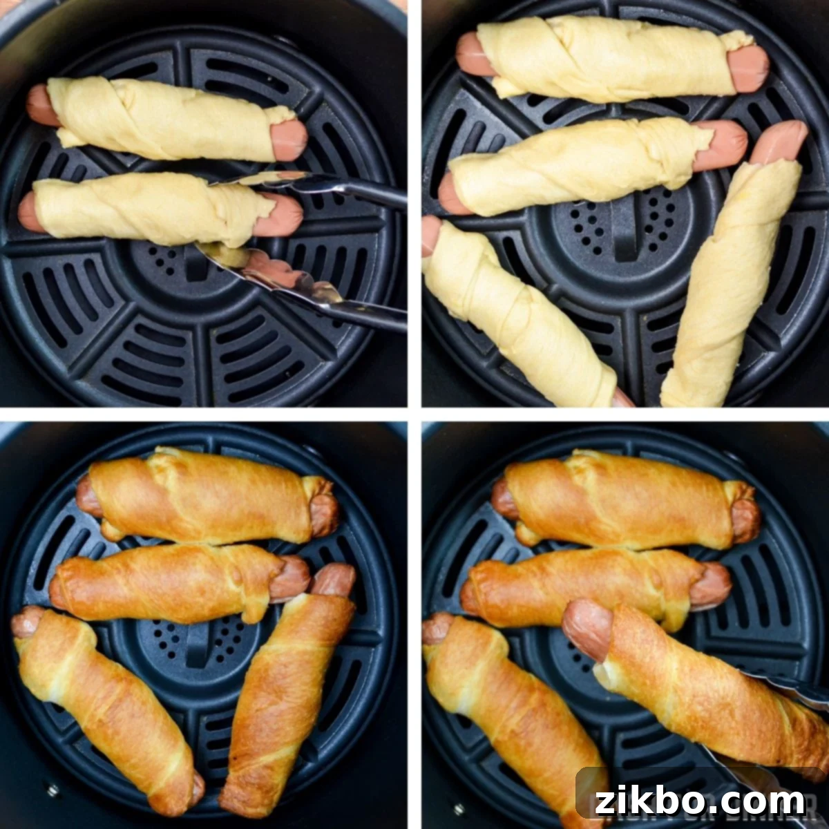 Crispy Air Fryer Pigs in a Blanket 7 Wrapped hot dogs (pigs in a blanket) arranged in an air fryer basket, ready for cooking.