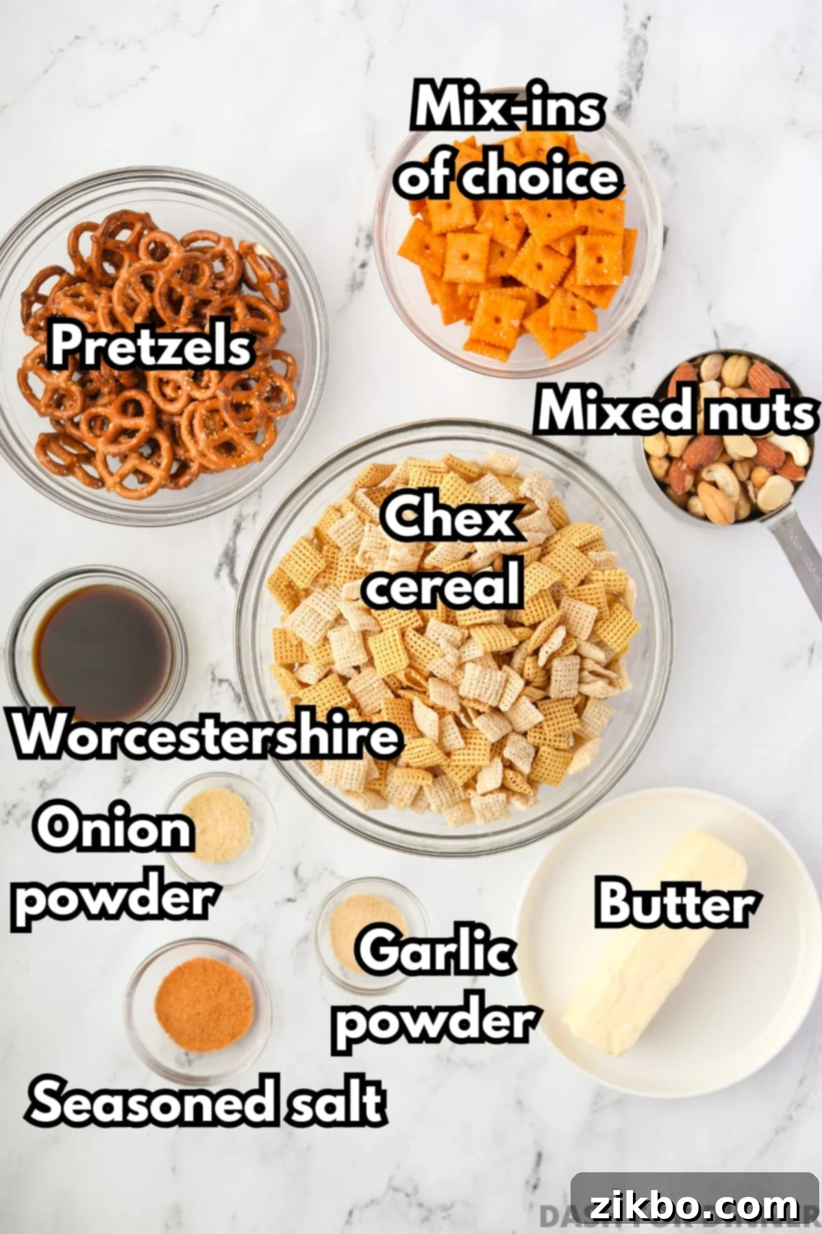A colorful array of Chex Mix ingredients including various cereals, pretzels, mixed nuts, Cheez-It crackers, butter, Worcestershire sauce, and seasonings.