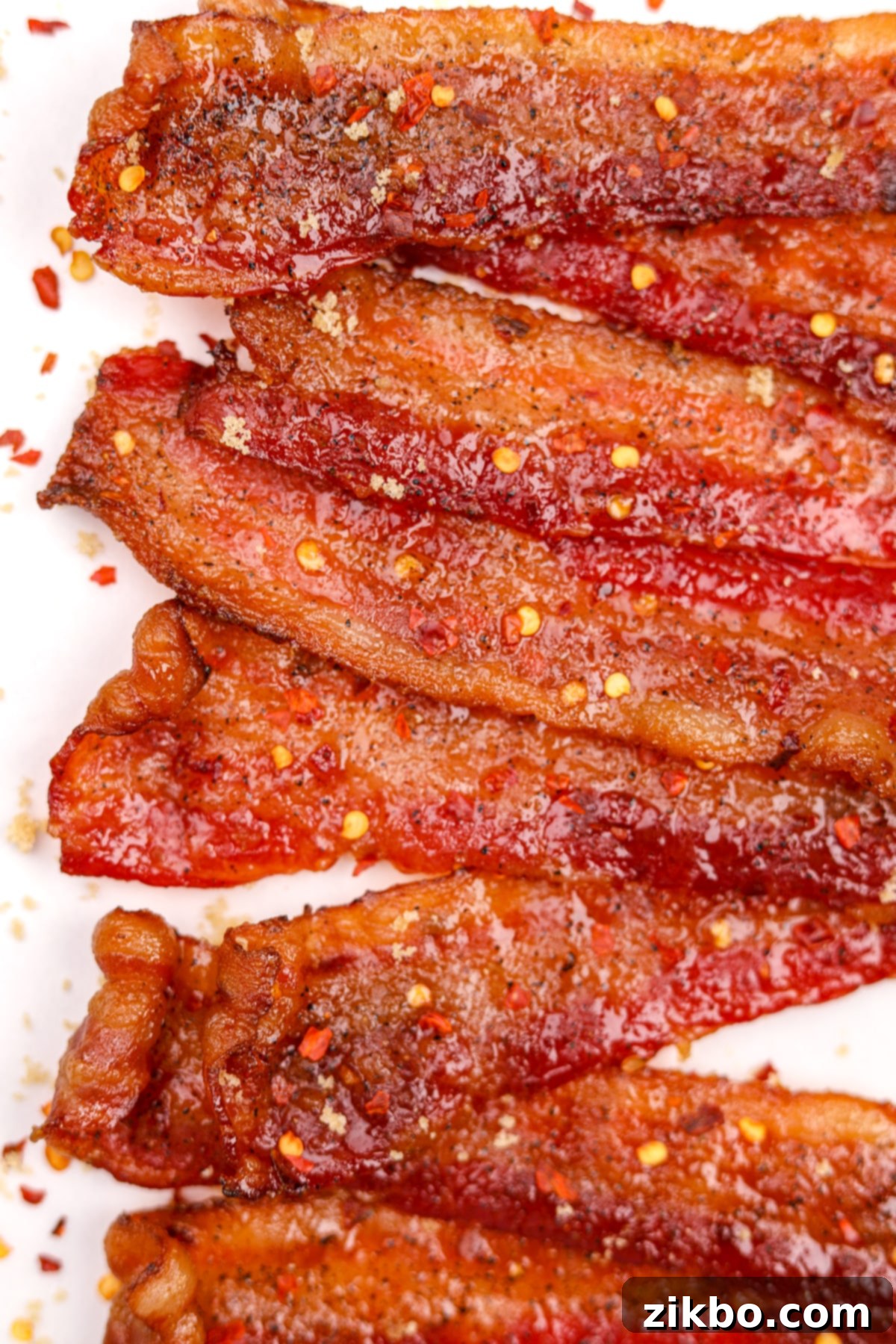 Close-up of cooked Million Dollar Bacon slices, featuring a glossy brown sugar glaze and visible red pepper flakes, ready to be enjoyed.