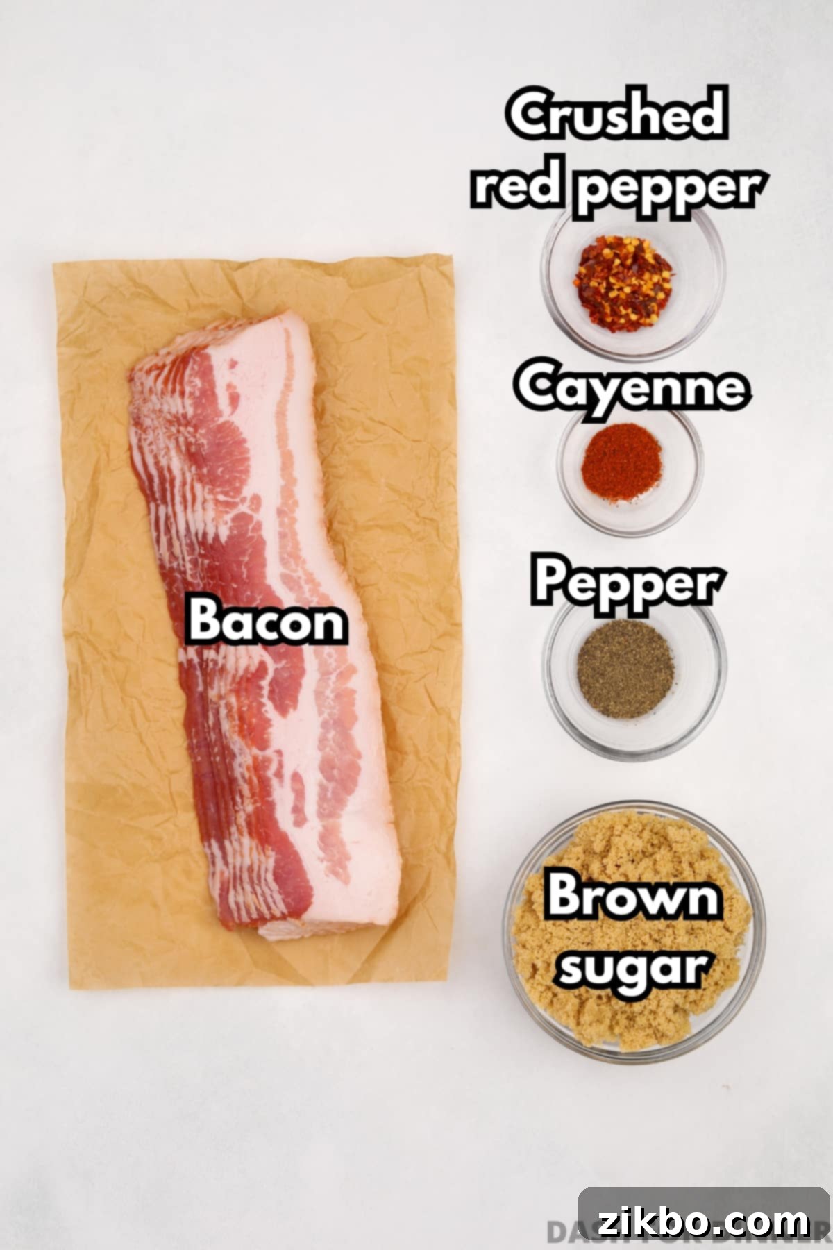 The simple ingredients you need to make millionaire bacon: bacon, brown sugar, black pepper, cayenne pepper, and crushed red pepper flakes.
