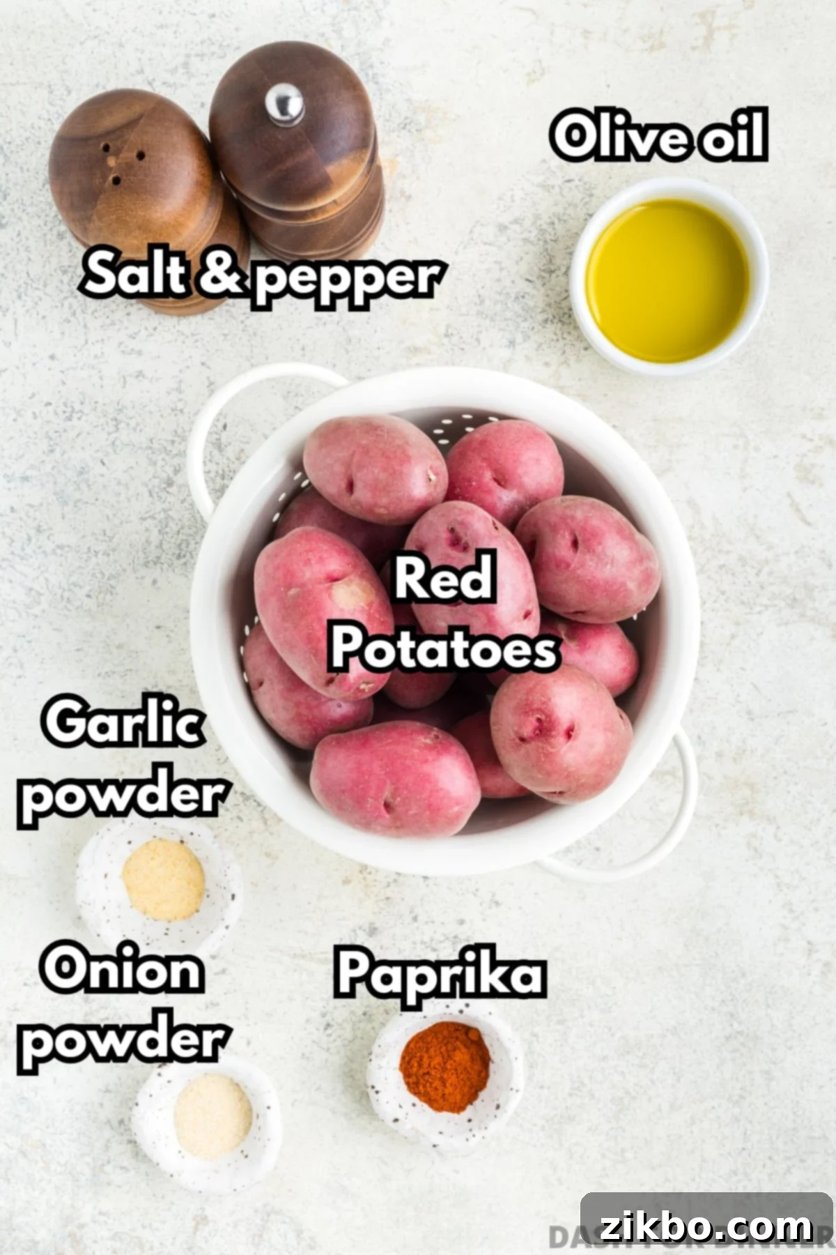 The simple ingredients needed to make crispy air fryer red potatoes: baby red potatoes, olive oil, and a selection of dry seasonings.