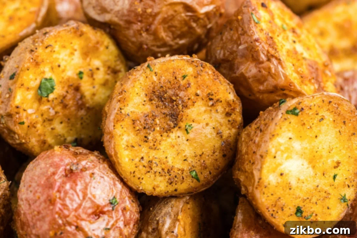 A close-up view of roasted red potato halves that have been perfectly seasoned and cooked, showing their crispy skin.