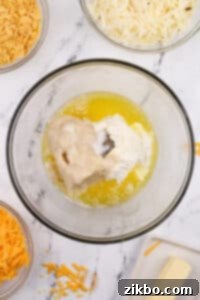A large bowl with melted butter, sour cream, condensed soup, and seasonings.